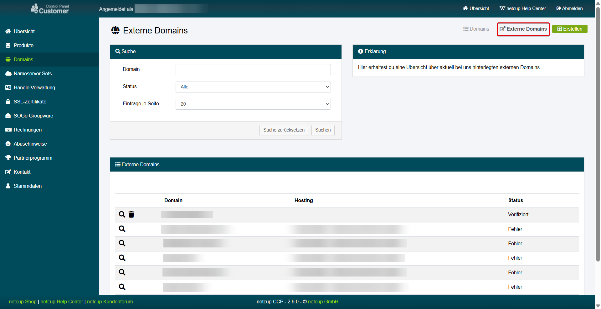 CCP-Oberfläche mit Schaltfläche oben rechts zu den Externen Domains
