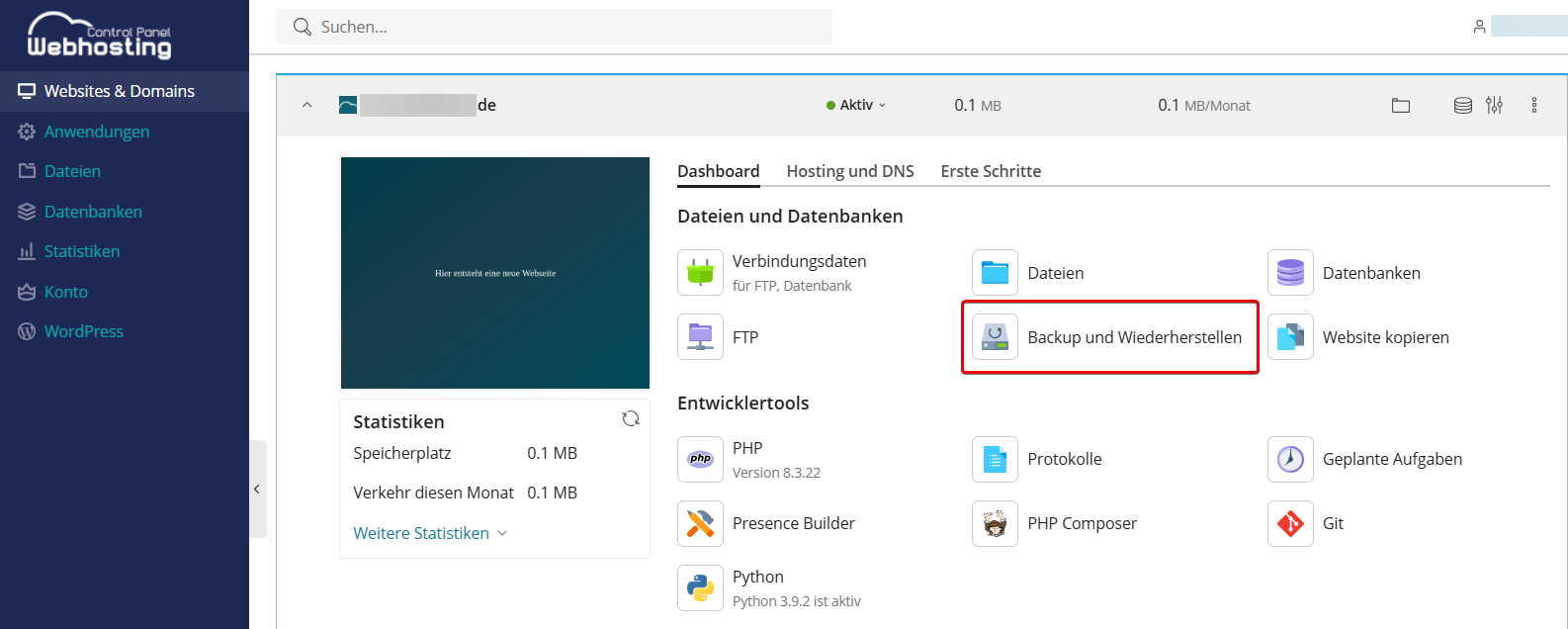 Backup-Manager im WCP öffnen