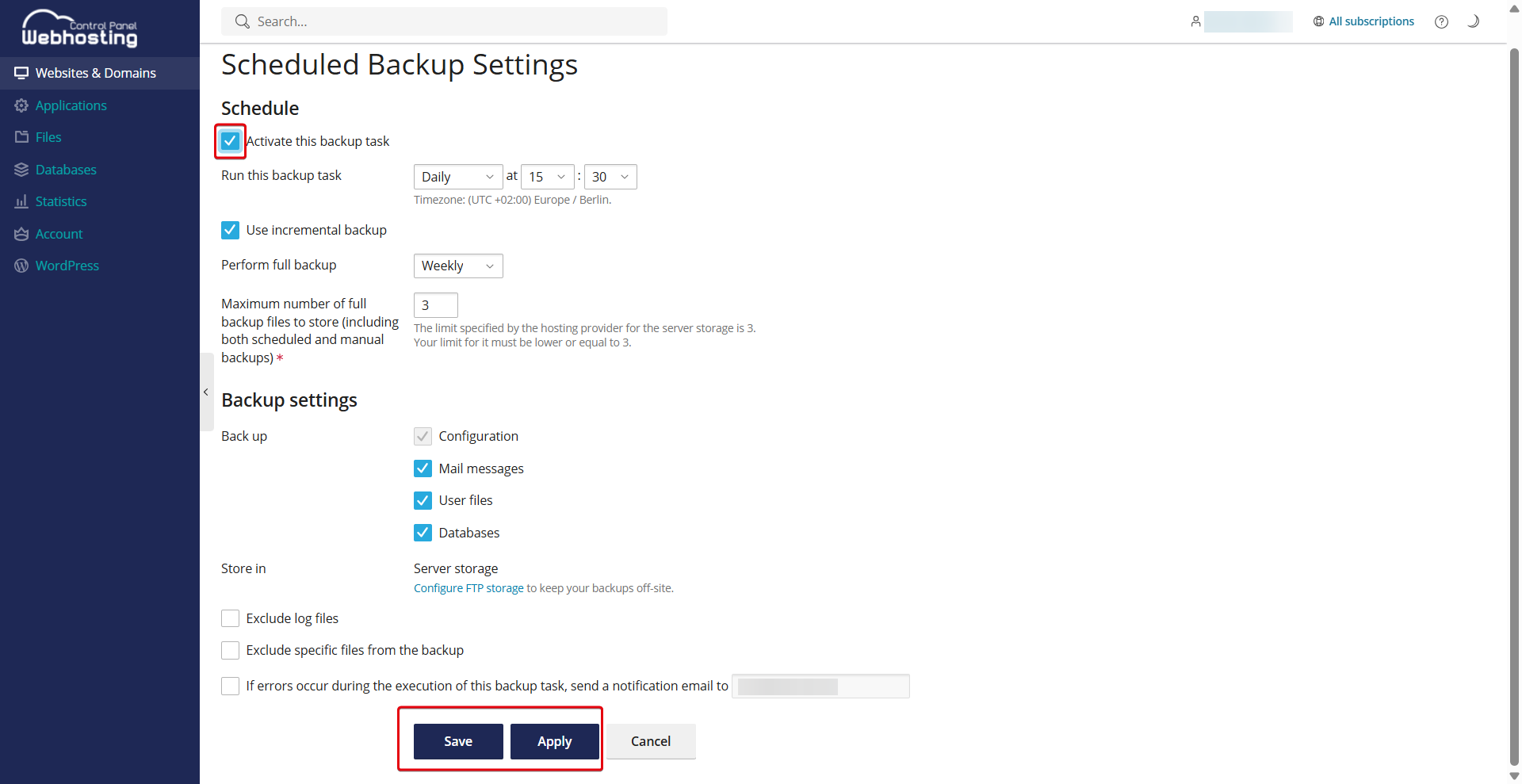 Setting up recurring backups