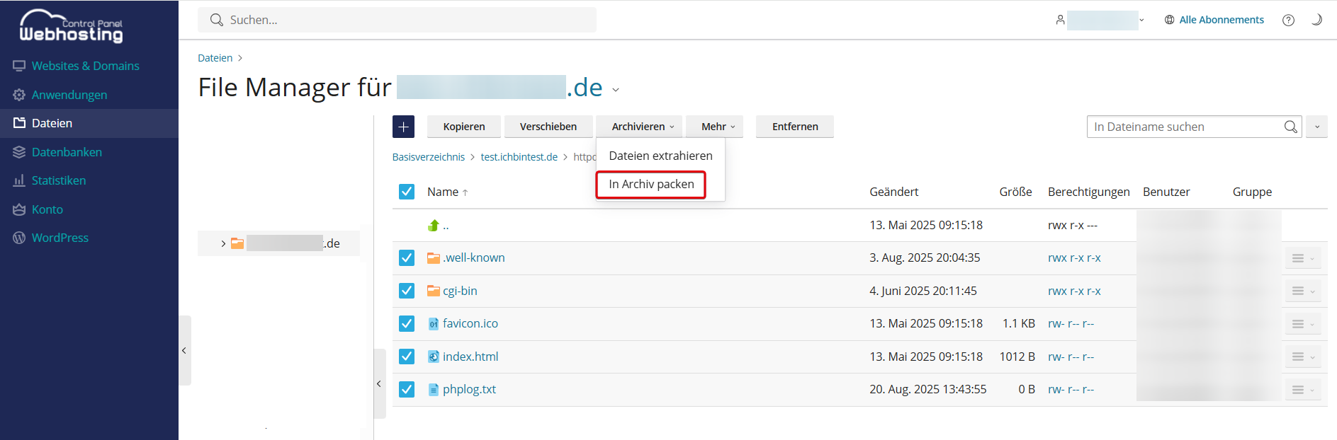Ausgewählte Dateien in Archiv packen
